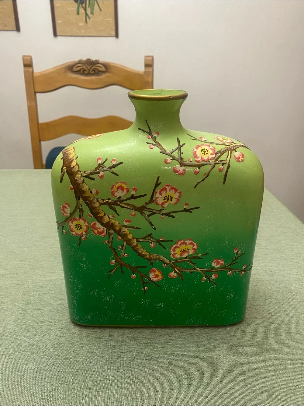 Green Ombre Floral Porcelain Hand-painted Vase with Cherry Blossom Branch Motif